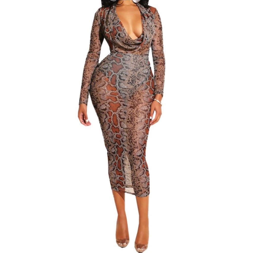 Sheer Snake Print drape Dress